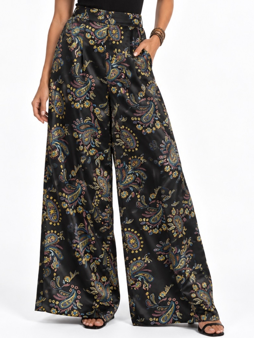 Revolve X House of Harlow 1960 Black Paisley Wide Leg Satin Pant Size Medium